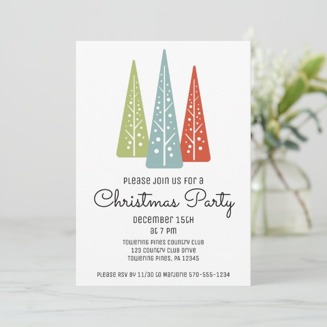 Midcentury Modern Pine Trees Christmas Party Invitation (Standing Front)
