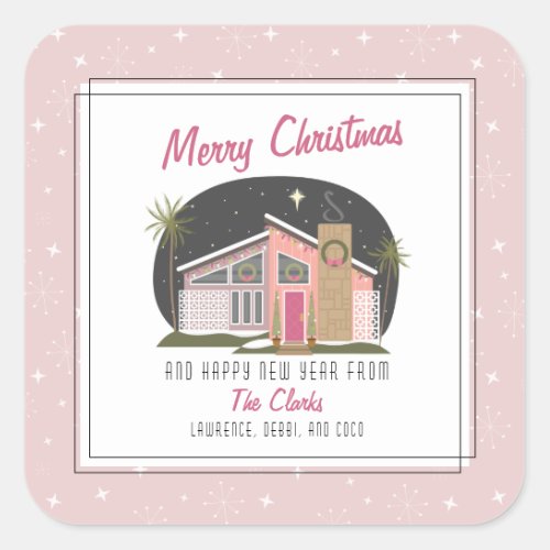 Midcentury Modern Pink House Christmas Square Sticker