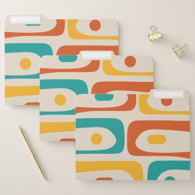 Midcentury Modern Piquet Abstract Teal Orange File Folder (Set)
