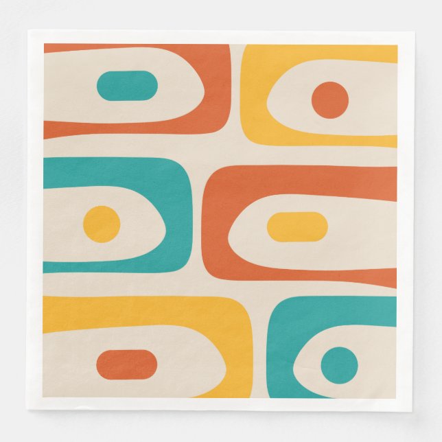 Midcentury Modern Piquet Abstract Teal Orange Paper Dinner Napkins (Front)