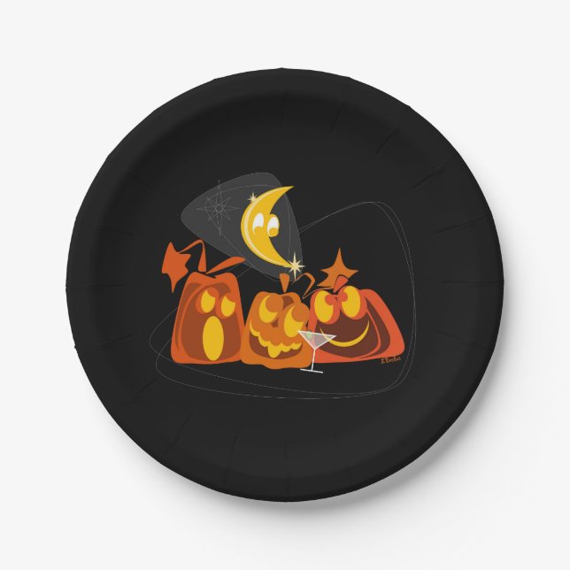 Midcentury Modern Pumpkins Halloween Paper Plates (Front)