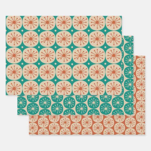 Midcentury Modern Retro Atomic Dots Teal Orange Wrapping Paper Sheets