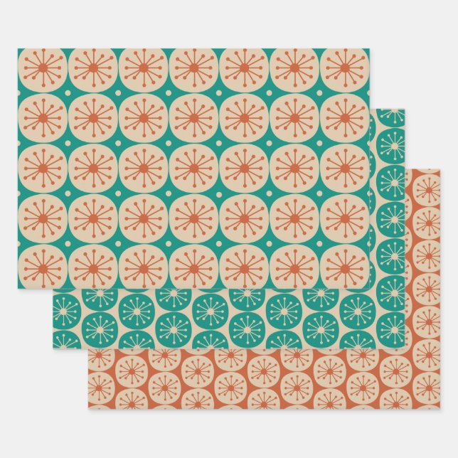 Midcentury Modern Retro Atomic Dots Teal Orange Wrapping Paper Sheets (Set)