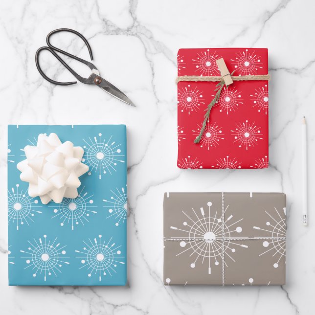 Midcentury Modern Retro Atomic Snowflake Christmas Wrapping Paper Sheets (Front)