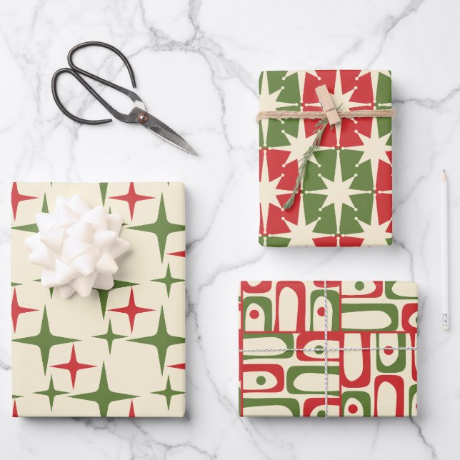 Midcentury Modern Retro Christmas Patterns Wrapping Paper Sheets (Front)