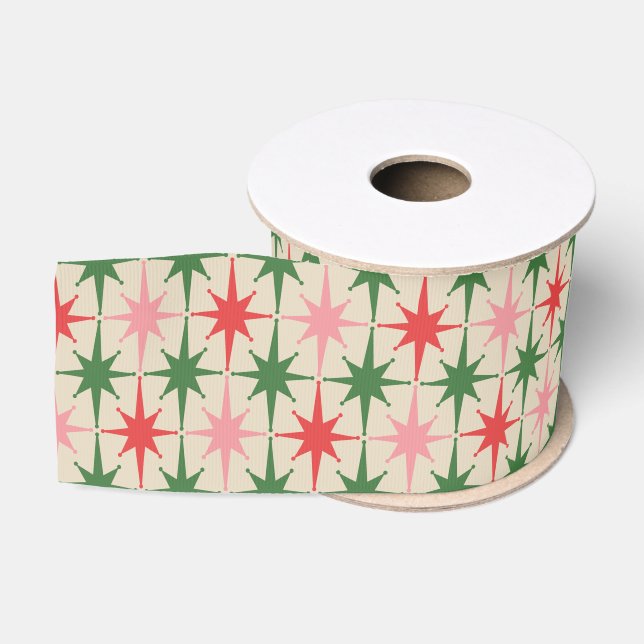 Midcentury Modern Retro Christmas Starbursts Grosgrain Ribbon (Spool)