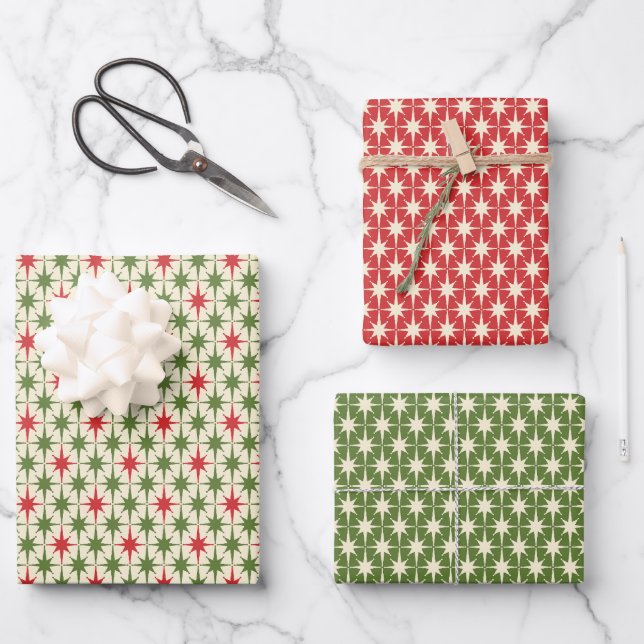 Midcentury Modern Retro Christmas Starbursts Wrapping Paper Sheets (Front)