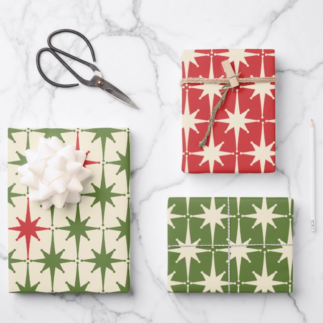 Midcentury Modern Retro Christmas Starbursts Wrapping Paper Sheets (Front)
