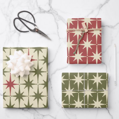 Midcentury Modern Retro Christmas Vintage Stars  Wrapping Paper Sheets