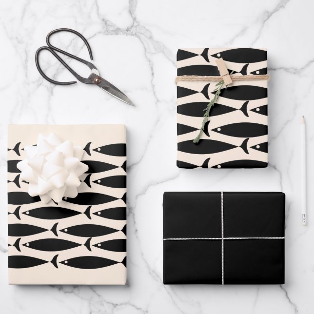 Midcentury Modern Retro Fish Black & Almond Cream Wrapping Paper Sheets (Front)