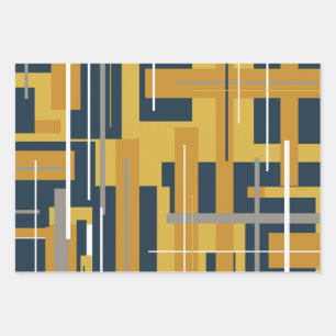 Midcentury Modern Retro Patterns Mustard and Navy Wrapping Paper Sheets