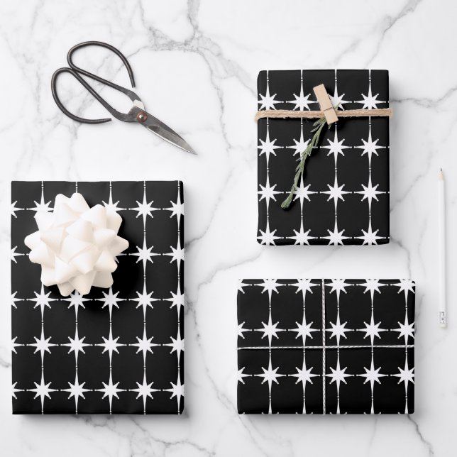 Midcentury Modern Retro Star Pattern Black & White Wrapping Paper Sheets (Front)