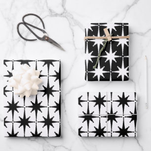 Midcentury Modern Retro Starbursts Black and White Wrapping Paper Sheets