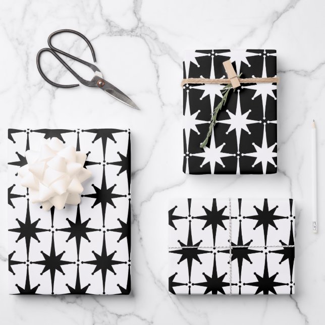 Midcentury Modern Retro Starbursts Black and White Wrapping Paper Sheets (Front)