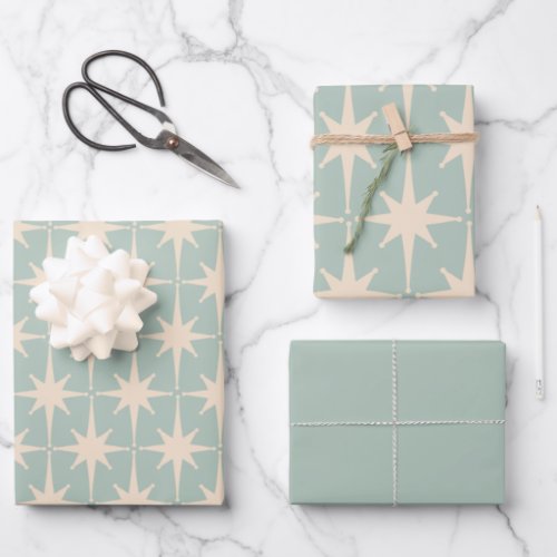 Midcentury Modern Retro Starbursts Celadon Mint Wrapping Paper Sheets