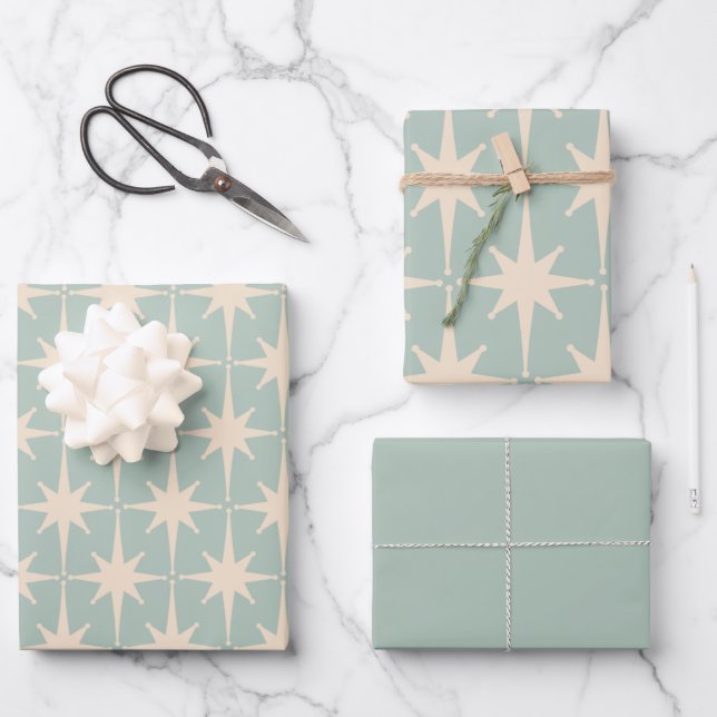 Midcentury Modern Retro Starbursts Celadon Mint Wrapping Paper Sheets (Front)