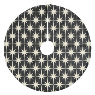 Midcentury Modern Retro Stars Pattern Black Cream Fleece Tree Skirt