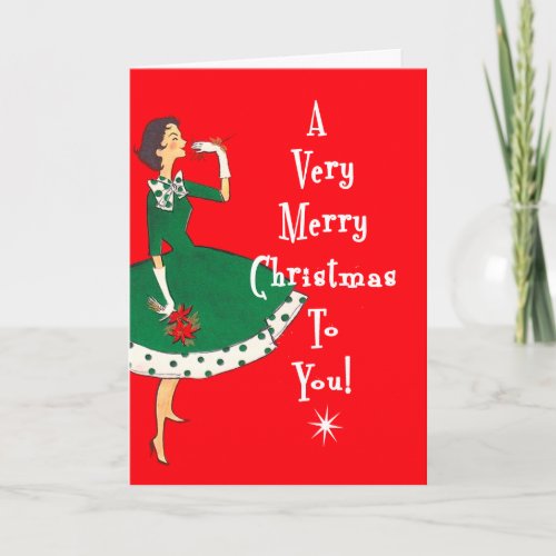 MidCentury Modern Single Girl Merry Christmas Red Holiday Card