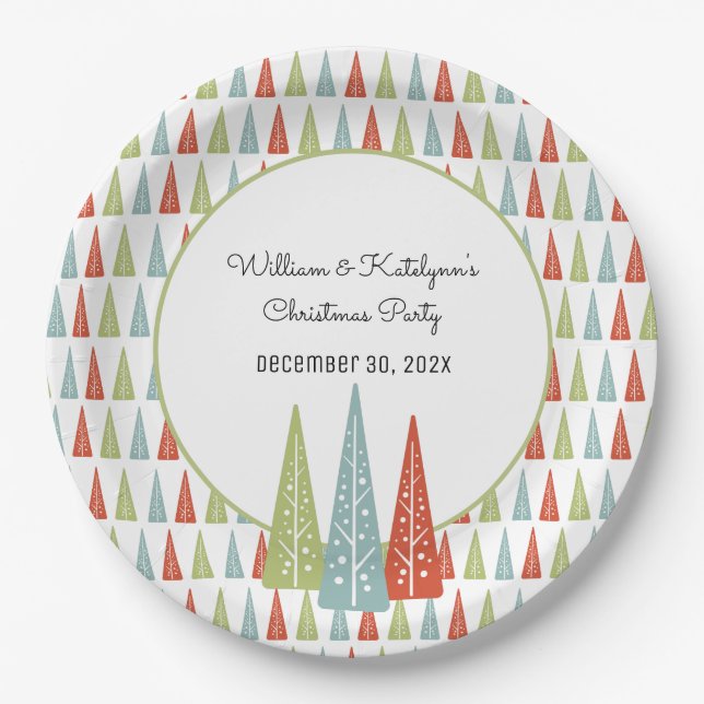Midcentury Modern Trees Custom Christmas Party Paper Plates (Front)