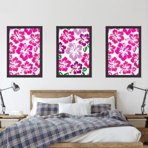 midcentury modern tropical hibiscus pink floral wall art sets