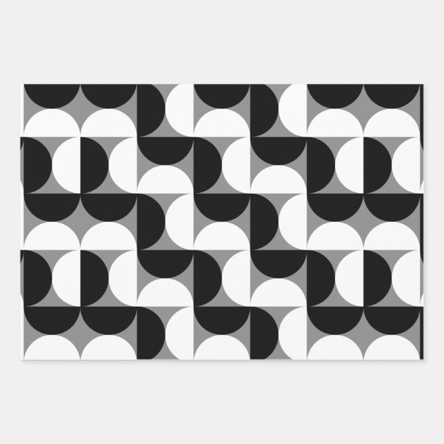 Midcentury Pattern Bowls Black White Wrapping Paper Sheets (Front)
