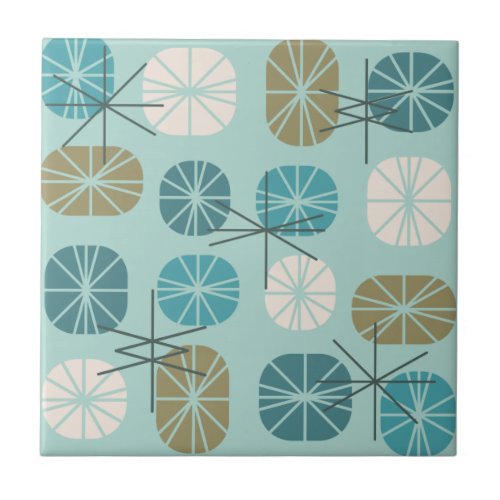 Midcentury Pattern Oblongs Aquamarine Gold Ceramic Tile