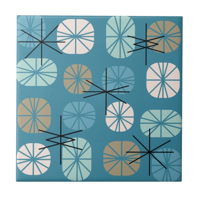 Midcentury Pattern Oblongs Teal White Gold Ceramic Tile (Front)