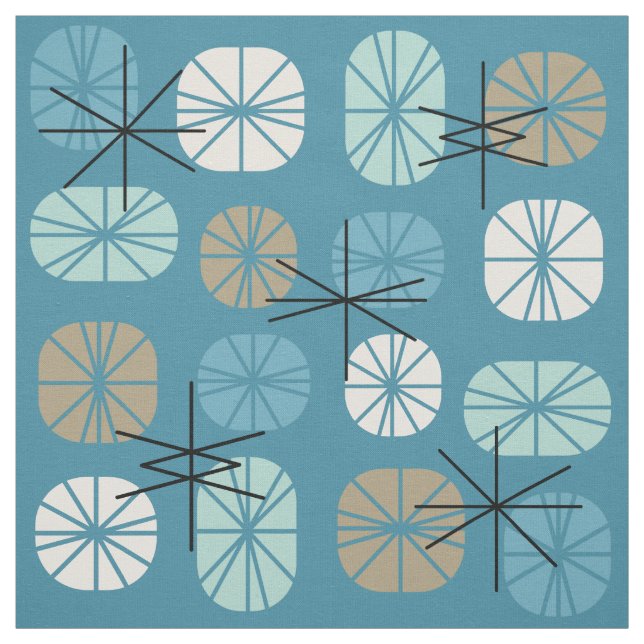 Midcentury Pattern Oblongs Teal White Gold Fabric (Swatch)