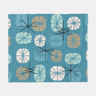 Midcentury Pattern Oblongs Teal White Gold Fleece Blanket