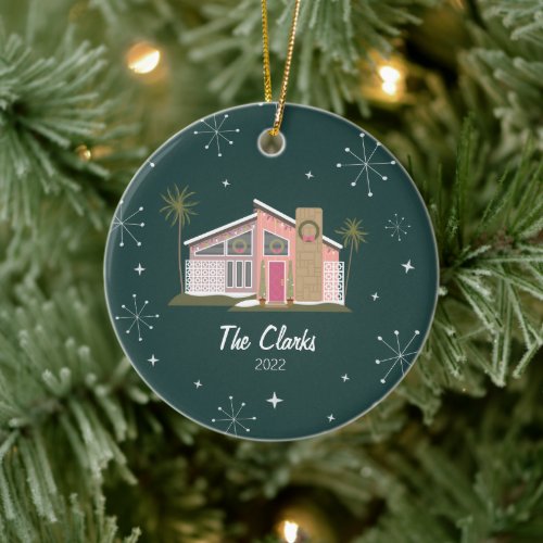 Midcentury Pink House Christmas Ceramic Ornament