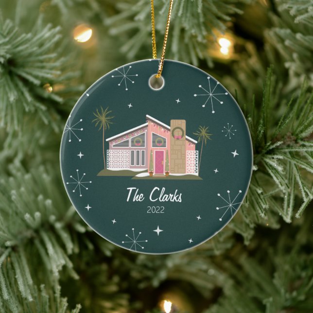 Midcentury Pink House Christmas Ceramic Ornament (Tree)