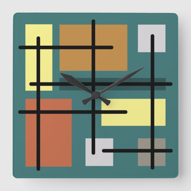 Midcentury Rectangles Squares Teal Multicolored Square Wall Clock (Front)