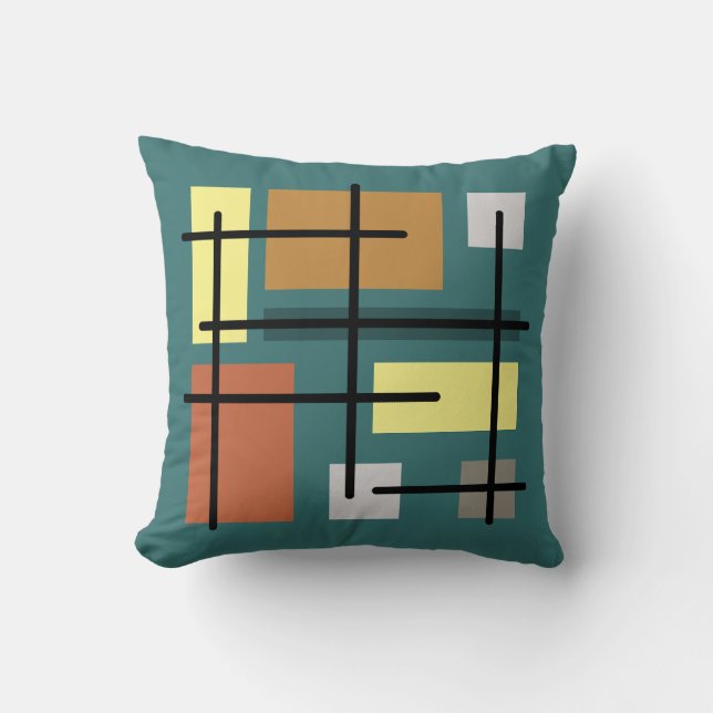 Midcentury Rectangles Squares Teal Multicolored Throw Pillow (Front)