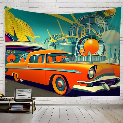 Midcentury Retro Futuristic Automotive Art Orange Tapestry