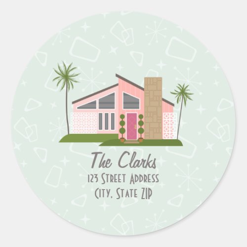 Midcentury Retro Pink House Address Classic Round  Classic Round Sticker