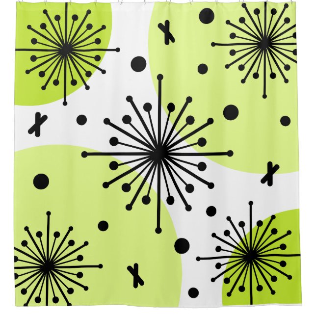 Midcentury Sputnik Starbursts Chartreuse Shower Curtain (Front)