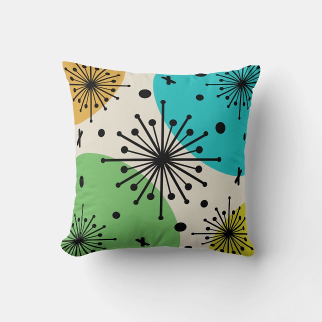 Midcentury Sputnik Starbursts Multicolored Throw Pillow (Front)