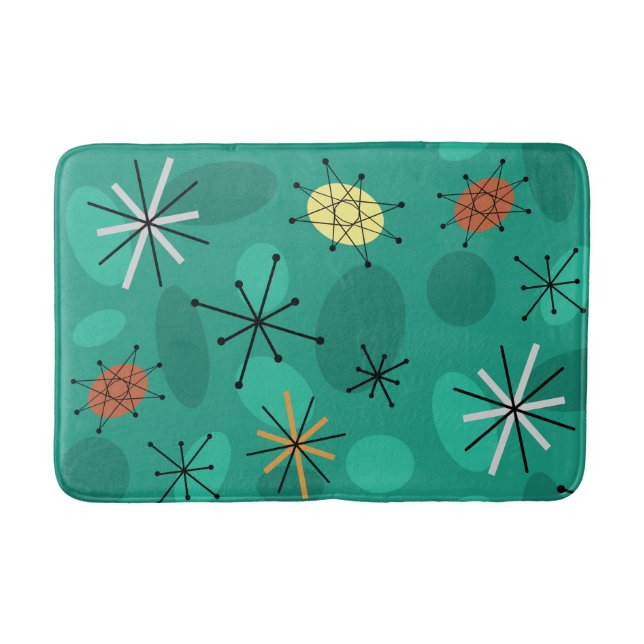 Midcentury Sputnik Starbursts Turquoise Bath Mat (Front)