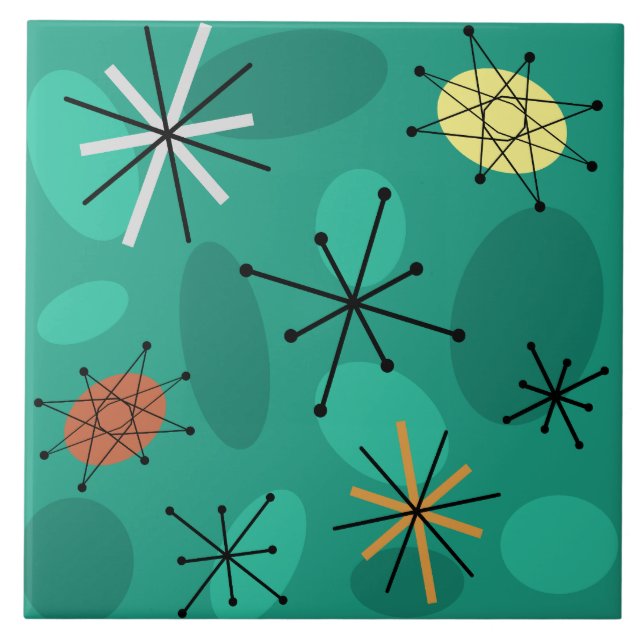 Midcentury Sputnik Starbursts Turquoise Ceramic Tile (Front)