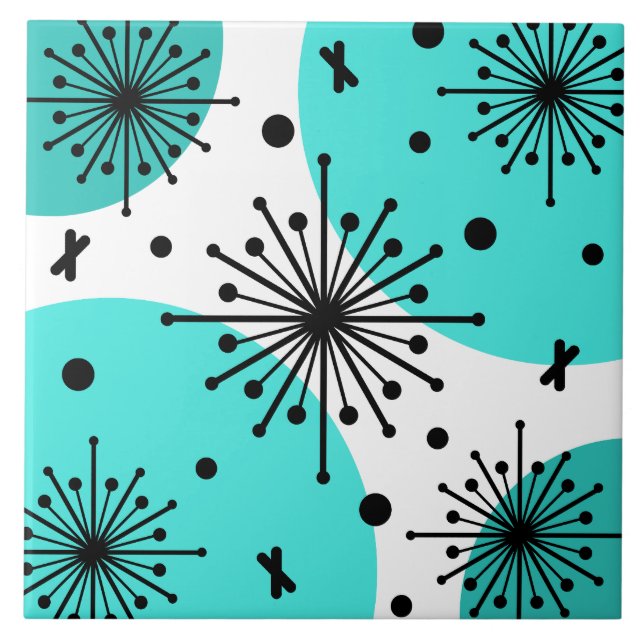 Midcentury Sputnik Starbursts Turquoise Ceramic Tile (Front)