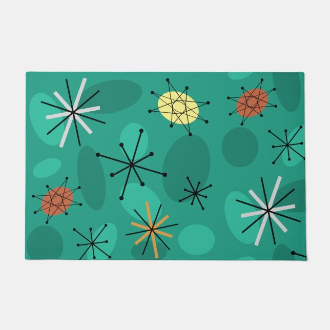 Midcentury Sputnik Starbursts Turquoise Doormat (Front)