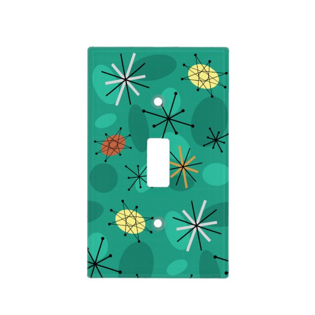 Midcentury Sputnik Starbursts Turquoise Light Switch Cover (Front)