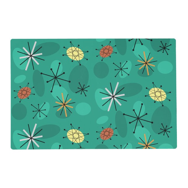 Midcentury Sputnik Starbursts Turquoise Placemat (Front)