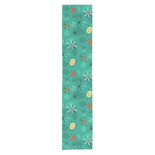 Midcentury Sputnik Starbursts Turquoise Short Table Runner (Front)