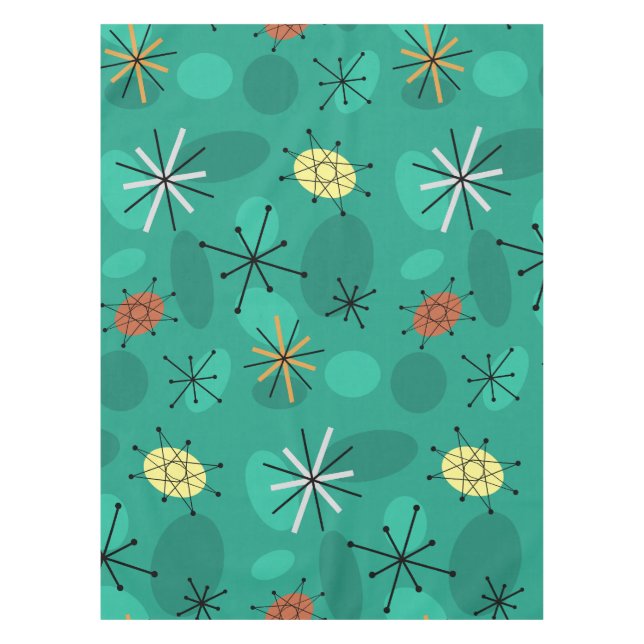 Midcentury Sputnik Starbursts Turquoise Tablecloth (Front)