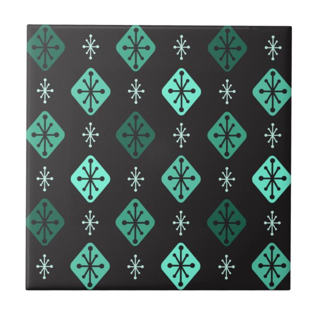 Midcentury Starbursts Diamonds Black Turquoise Ceramic Tile (Front)