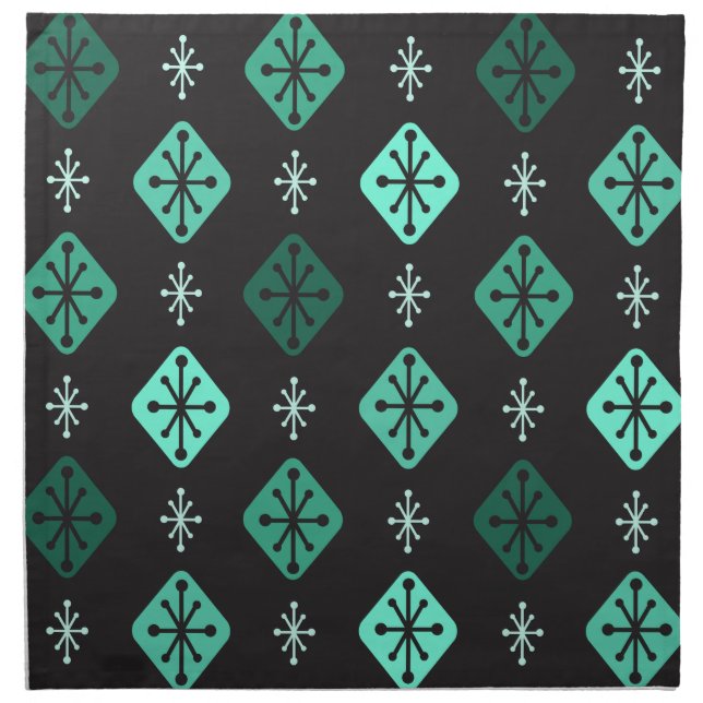 Midcentury Starbursts Diamonds Black Turquoise Cloth Napkin (Front)