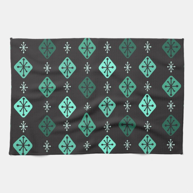 Midcentury Starbursts Diamonds Black Turquoise Kitchen Towel (Horizontal)
