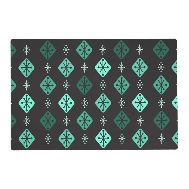 Midcentury Starbursts Diamonds Black Turquoise Placemat (Front)