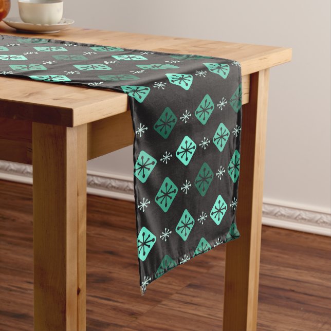 Midcentury Starbursts Diamonds Black Turquoise Short Table Runner (In Situ)